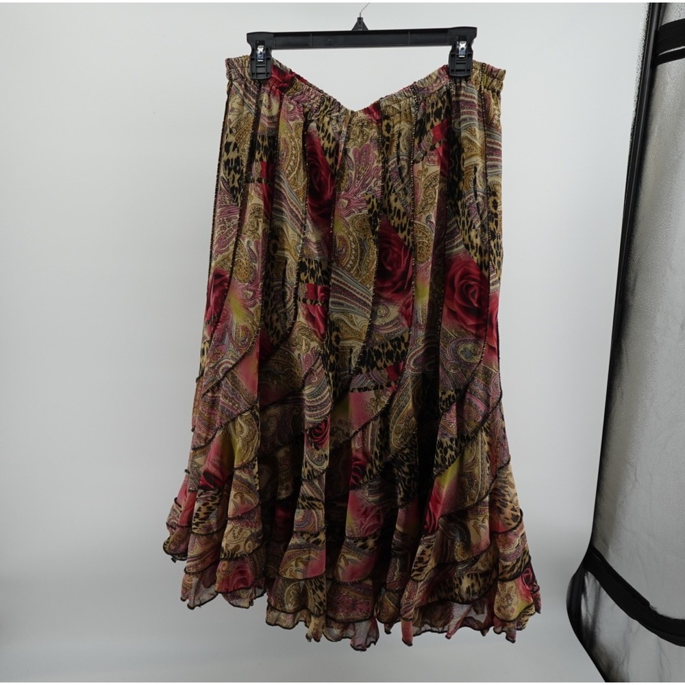 Tease Mixed Print Tiered‎ Midi Skirt Floral Paisley Leopard Boho Pink Large